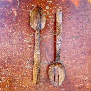 Vintage Hand-Carved Wooden Salad Servers/Serving Spoon and Fork Intricate